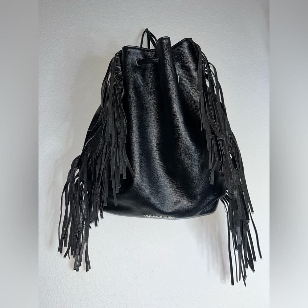Victoria's Secret Fringe Bucket Bag Drawstring Black Faux Leather Large NWOT - Picture 5 of 16